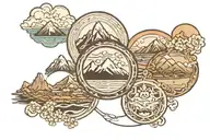 olympic circles with Slovenia mountain behind in Enzo Japanese  style  tattoo design idea