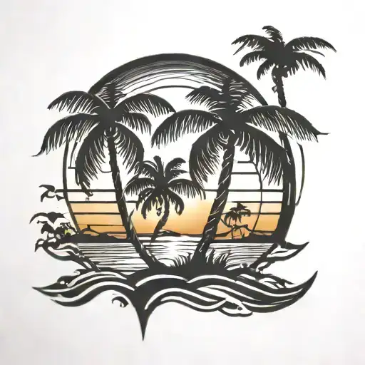 A palm tree silhouette with a sunset behind it, creating a beautiful beach scene tattoo design idea