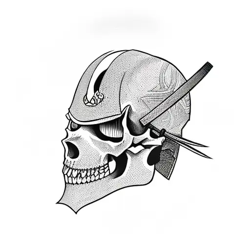 samurai helmet and armor but face is replaced with skull tattoo design idea