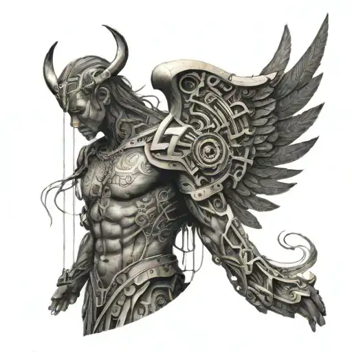 Angel Warrior Protector, binary code flowing, electronic circuit tattoo design idea