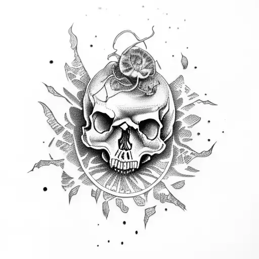 skull and clouds and carnivores plants tattoo design idea