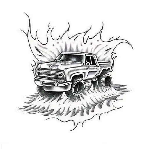 monster truck on fire tattoo design idea