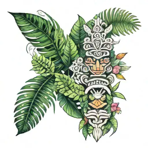 new zealand totem pole, surrounded by tropical thai jungle inspired leaves  tattoo design idea