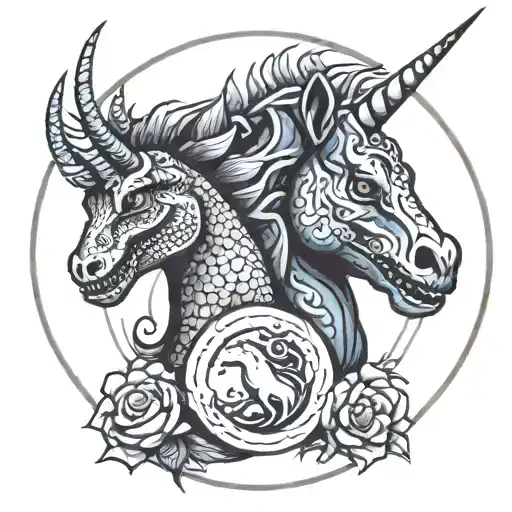 circle with a tryannosaurs rex head and a unicorn  tattoo design idea