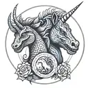 circle with a tryannosaurs rex head and a unicorn  tattoo design idea