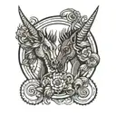 circle with a tryannosaurs rex head and a unicorn  tattoo design idea