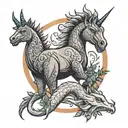 circle with a tryannosaurs rex head and a unicorn  tattoo design idea