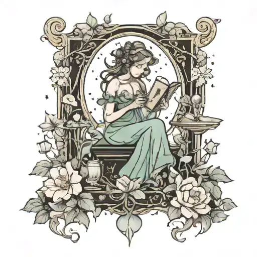 A magical scene of a fairy reading tarot cards under the moonlight, surrounded by blooming flowers and twinkling stars tattoo design idea