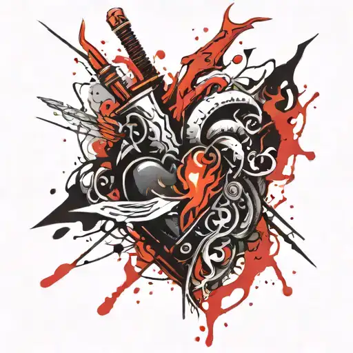heart on fire with dagger tattoo design idea