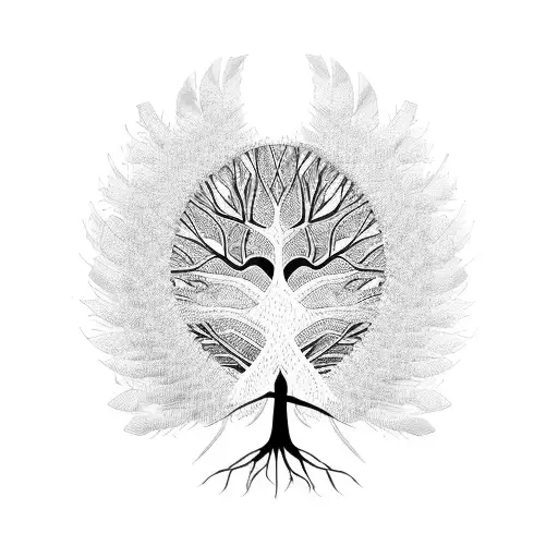 A tree of knowledge with branches shaped like feathers, each feather representing a different indigenous culture tattoo design idea