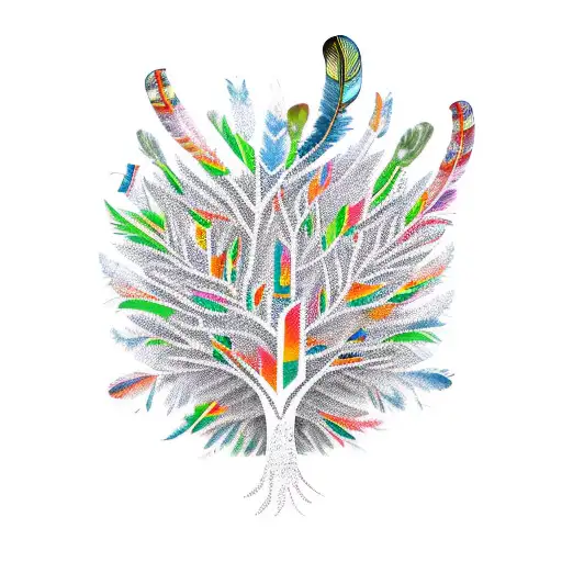 A tree of knowledge with branches shaped like feathers, each feather representing a different indigenous culture tattoo design idea