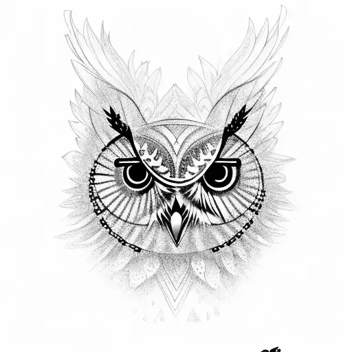 A wise owl perched on a tree branch with intricate indigenous patterns tattoo design idea
