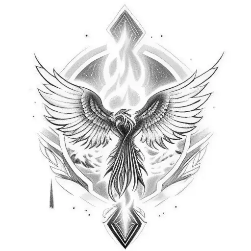 A phoenix rising from the ashes amidst a backdrop of indigenous symbols tattoo design idea