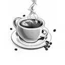 A steaming coffee cup with a motorcycle wheel as its base tattoo design idea