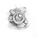 A steaming coffee cup with a motorcycle wheel as its base tattoo design idea