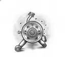 A steaming coffee cup with a motorcycle wheel as its base tattoo design idea