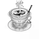 A steaming coffee cup with a motorcycle wheel as its base tattoo design idea