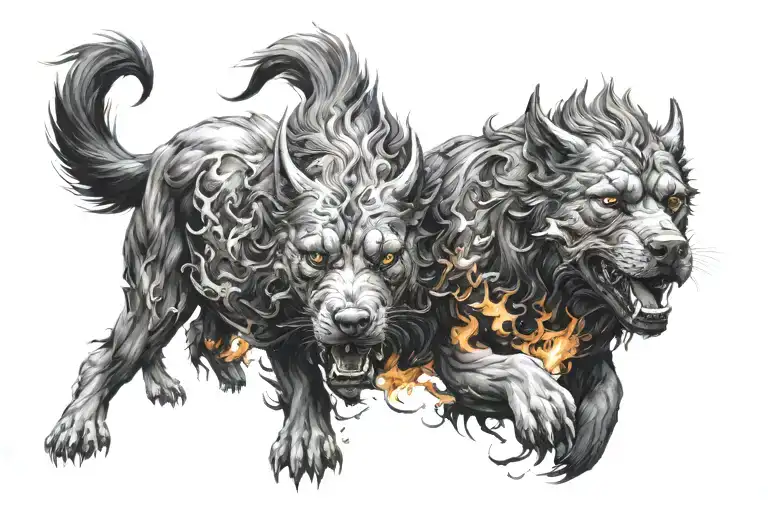 Cerberus on fire tattoo design idea