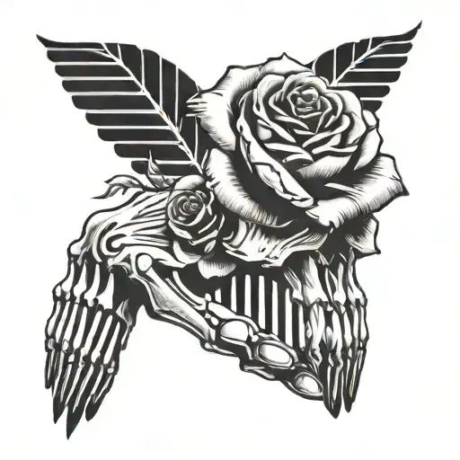 bone hand with a rose and piano keys forming tattoo design idea