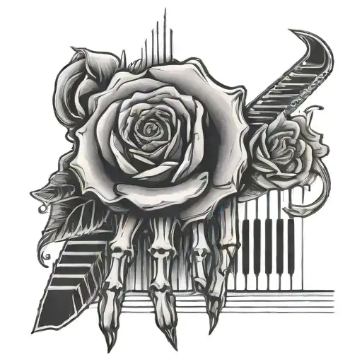 bone hand with a rose and piano keys forming tattoo design idea