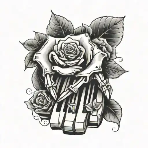 bone hand with a rose and piano keys forming tattoo design idea