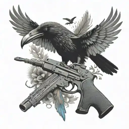 an MP5 gun with crows around it it has wings tattoo design idea