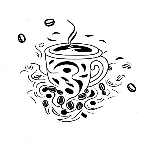 A chaotic coffee cup with swirling smoke and coffee beans tattoo design idea
