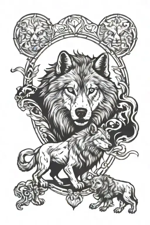 wolf in a pack of lions tattoo design idea