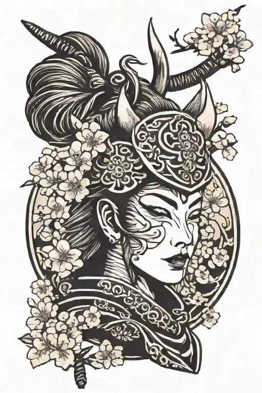 girl face, Cherry blossoms, sakura, samurai mask tattoo design idea