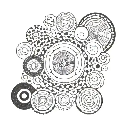 circles, geometric shapes, stars, black and white drawing, white background tattoo design idea