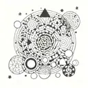 circles, geometric shapes, stars, black and white drawing, white background tattoo design idea