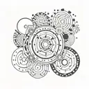 circles, geometric shapes, stars, black and white drawing, white background tattoo design idea
