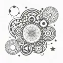 circles, geometric shapes, stars, black and white drawing, white background tattoo design idea