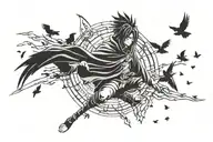 sasuke's curse mark surrounded by itachi's crows flying tattoo design idea