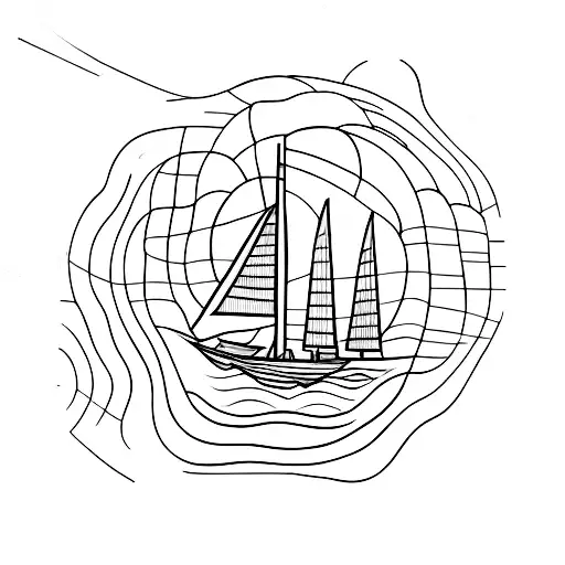 black and grey lines creating a figure of a sailing boat going to the moon tattoo design idea