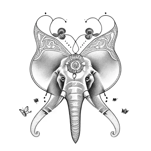 elegant spinal tattoo with single line elephant, single line butterfly, scarlet witch emblem, stars, and tiny birds tattoo design idea