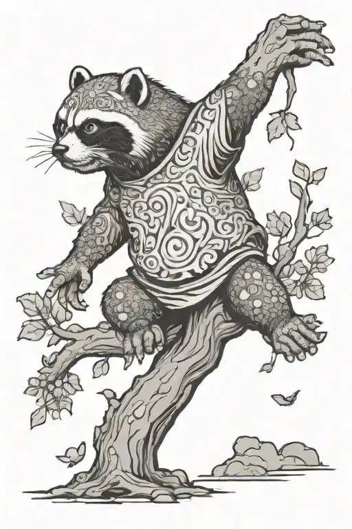 zombie tanuki statue reaching for tree growing tattoo design idea