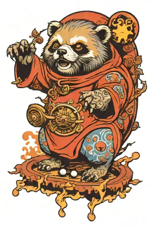 zombie tanuki statue reaching for planets tattoo design idea