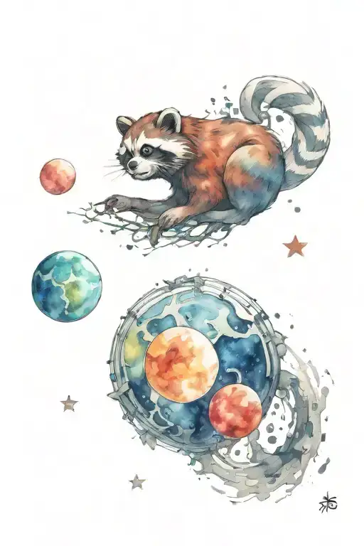 zombie tanuki statue reaching for planets tattoo design idea