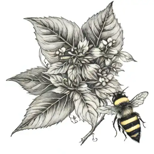 Leafs and bird and small bumblebee  tattoo design idea