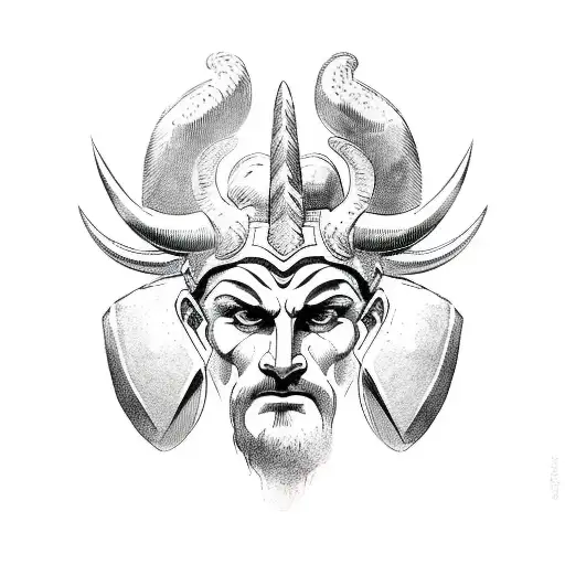 greek god ares head with horned helmet tattoo design idea