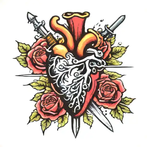 anatomically accurate heart stabbed with three swords tattoo design idea