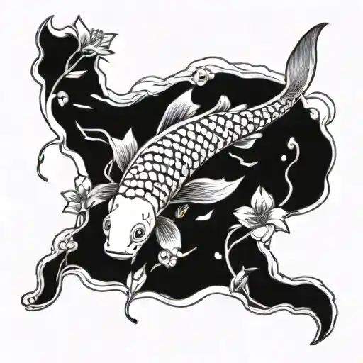 A serene scene of a koi fish surrounded by blooming aster flowers in a traditional Japanese style tattoo design idea