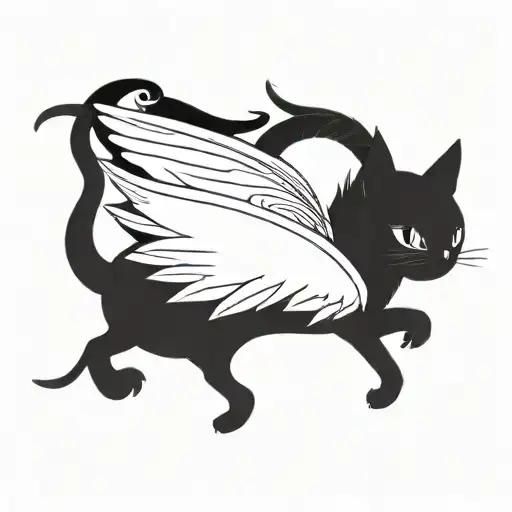 A black cat fairy with intricate wings flying together tattoo design idea