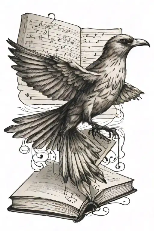 A tattoo of a flying bird made up of musical notes, with a book in its beak symbolizing studying, in a sketch style tattoo design idea