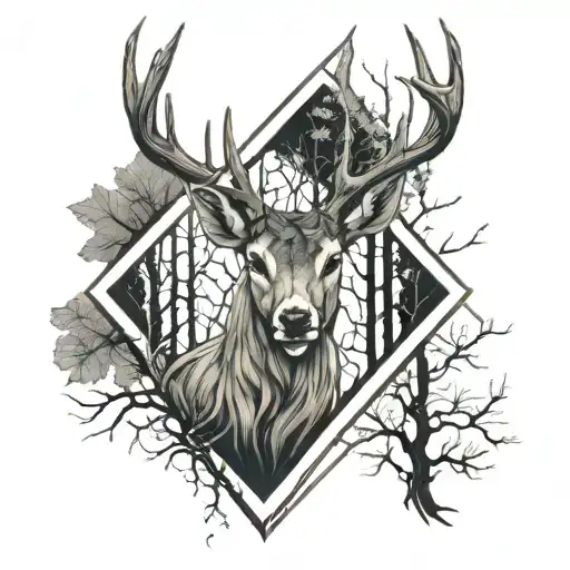 Shield with tree roots wrapped around it, inside of a deer in a forest. tattoo design idea