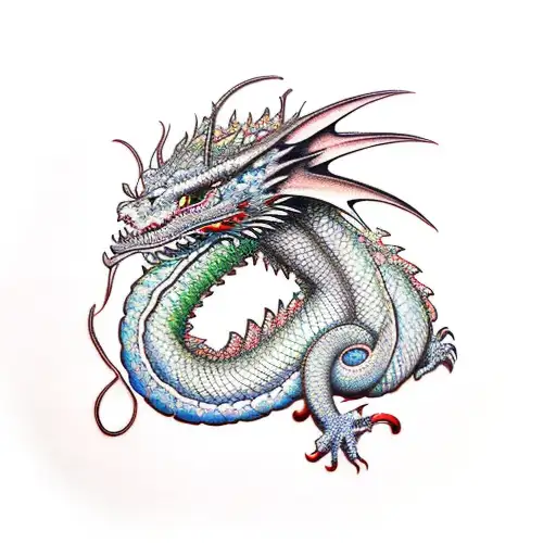 A realistic dragon coiled around a lush garden filled with vibrant flowers and plants tattoo design idea