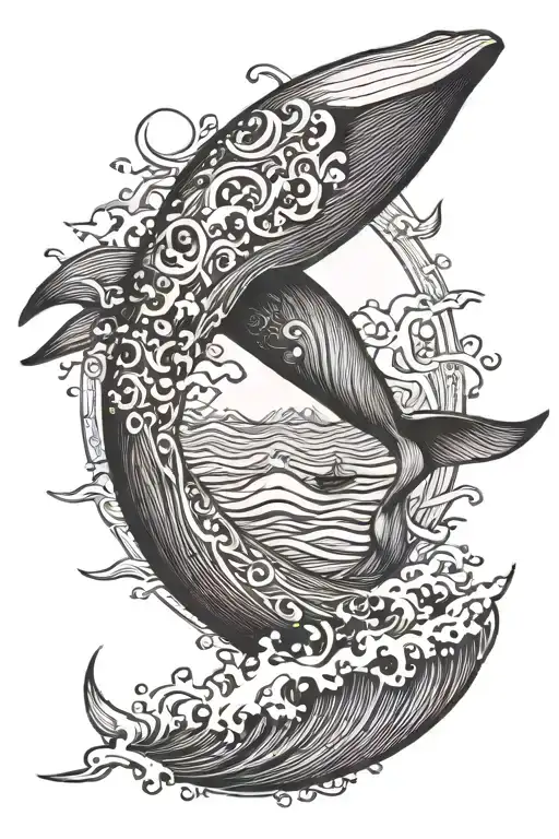 ocean waves+ sun + Bohemian design + whale tail + line art + no color tattoo design idea