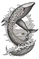 ocean waves+ sun + Bohemian design + whale tail + line art + no color tattoo design idea