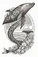 ocean waves+ sun + Bohemian design + whale tail + line art + no color tattoo design idea